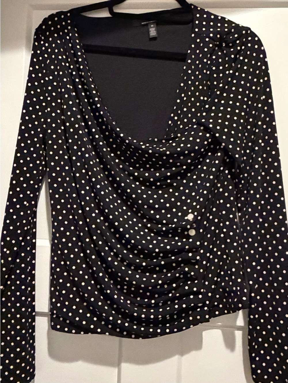 White House Black Market Black Long-Sleeve Polka Dot Cowl Neck Top